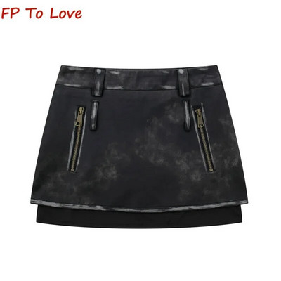 2023. Suknja od rebraste kože u stilu Spice Girls Jesenska crna vintage mini suknja A kroja visokog struka