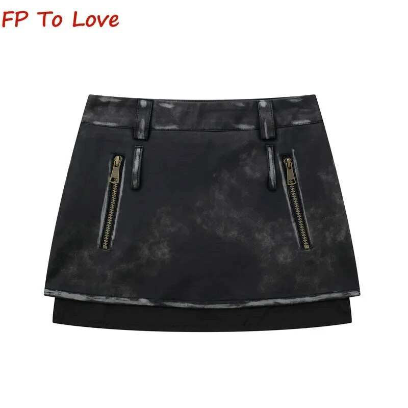 2023. Suknja od rebraste kože u stilu Spice Girls Jesenska crna vintage mini suknja A kroja visokog struka