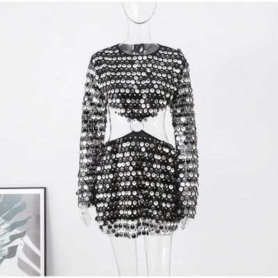 Rochie de seară cu paiete sexy pentru femei, cu mânecă lungă, cu decolteu O, subțire, fără spate, la modă, mini rochii 2023, pentru petrecere, haină cu ghirlă