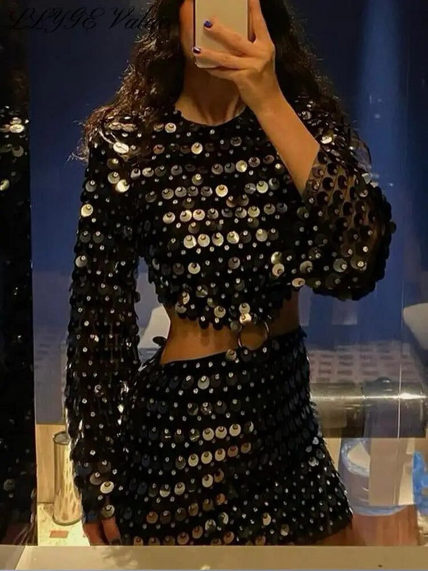 Rochie de seară cu paiete sexy pentru femei, cu mânecă lungă, cu decolteu O, subțire, fără spate, la modă, mini rochii 2023, pentru petrecere, haină cu ghirlă