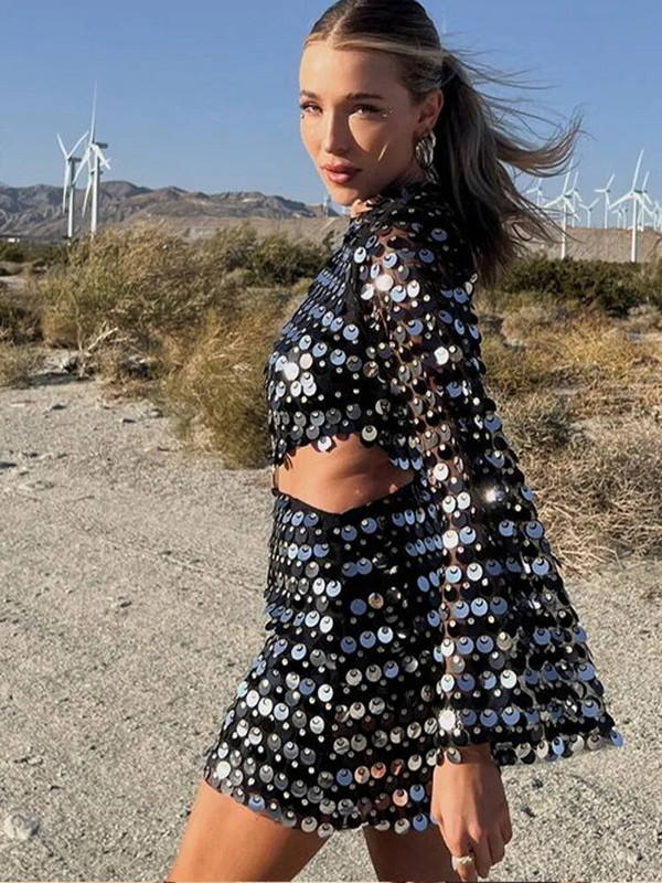 Rochie de seară cu paiete sexy pentru femei, cu mânecă lungă, cu decolteu O, subțire, fără spate, la modă, mini rochii 2023, pentru petrecere, haină cu ghirlă