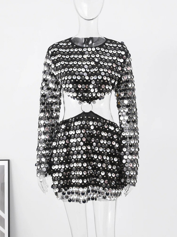 Rochie de seară cu paiete sexy pentru femei, cu mânecă lungă, cu decolteu O, subțire, fără spate, la modă, mini rochii 2023, pentru petrecere, haină cu ghirlă