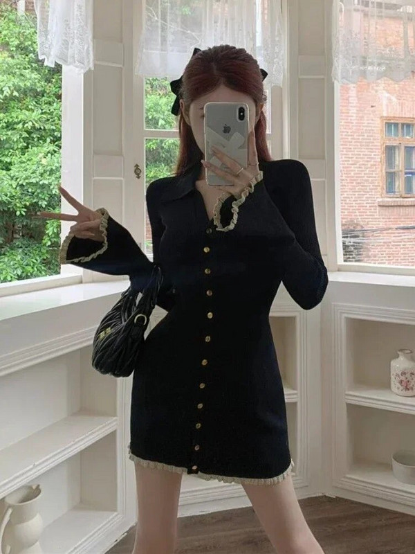 Deeptown Coquette Crna Mini Cabaret haljina Ženske korejske Y2k slatke tunike s volanima Jesenske pletene haljine s širokim rukavima