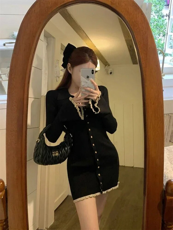 Deeptown Coquette Crna Mini Cabaret haljina Ženske korejske Y2k slatke tunike s volanima Jesenske pletene haljine s širokim rukavima