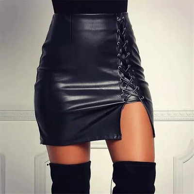 Modna ženska polusuknja visokog struka Trendovski dizajn na kravatu i poprsje Kratka suknja od pu kože Seksi šik stil Ljeto