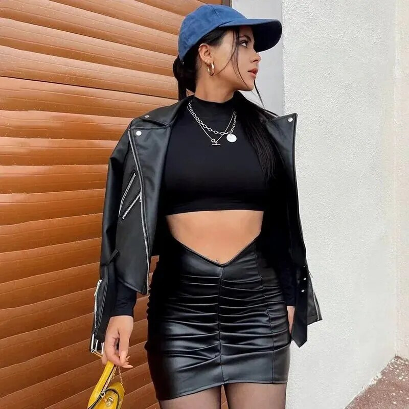 Modna plisirana pu ženska suknja čiste boje s omotom na bokovima Mini suknja elegantnog temperamenta kratke dame