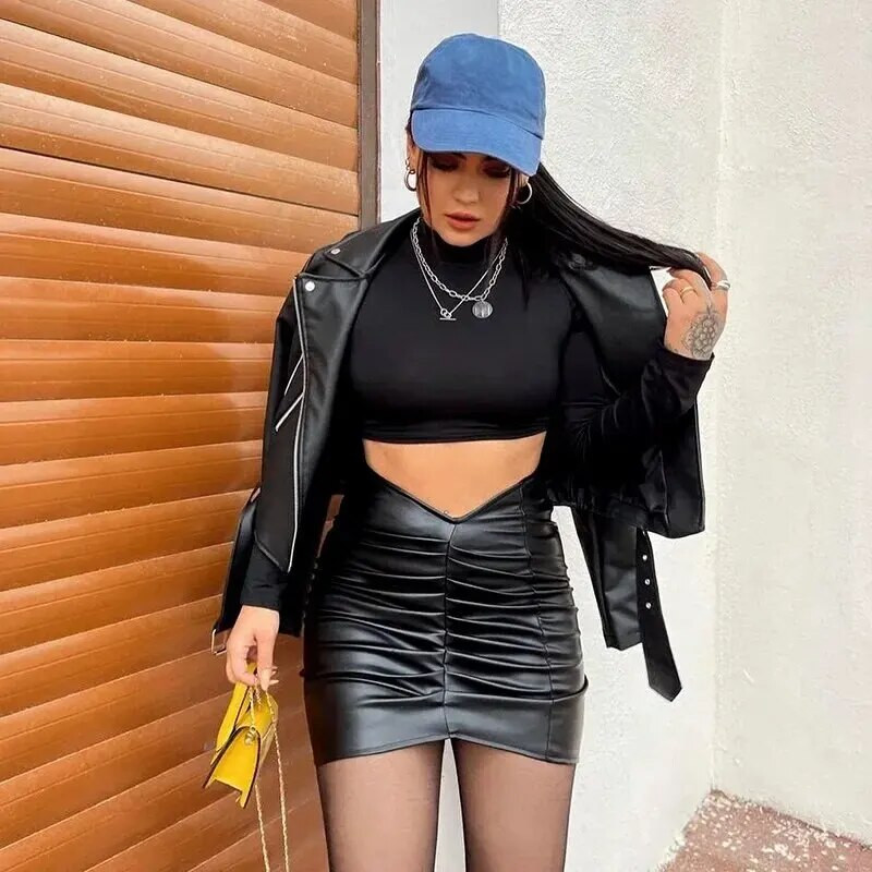 Modna plisirana pu ženska suknja čiste boje s omotom na bokovima Mini suknja elegantnog temperamenta kratke dame