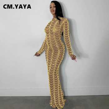 CM.YAYA Дамски Diamonds Hot Drill Мрежести райета See Though Bodycon Midi Maxi Dress с дълъг ръкав Секси клубни тесни парти дълги рокли