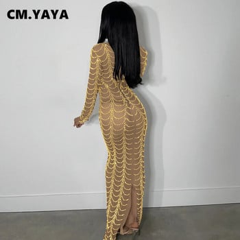 CM.YAYA Дамски Diamonds Hot Drill Мрежести райета See Though Bodycon Midi Maxi Dress с дълъг ръкав Секси клубни тесни парти дълги рокли