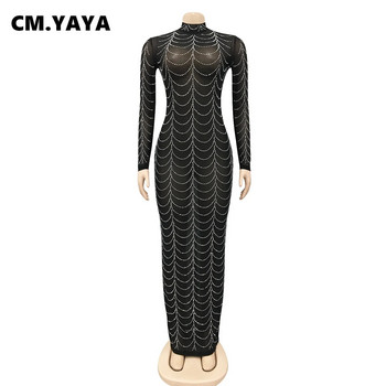 CM.YAYA Дамски Diamonds Hot Drill Мрежести райета See Though Bodycon Midi Maxi Dress с дълъг ръкав Секси клубни тесни парти дълги рокли