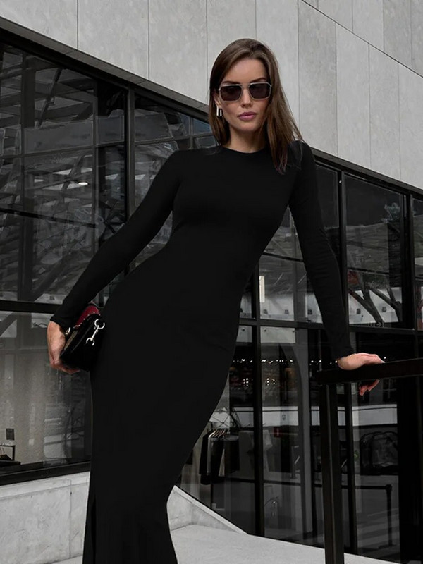 CNYISH Elegantne, jednobojne, jednobojne futrole, seksi klupske ženske haljine s O izrezom, uske duge rukave, modne ženske ogrtače