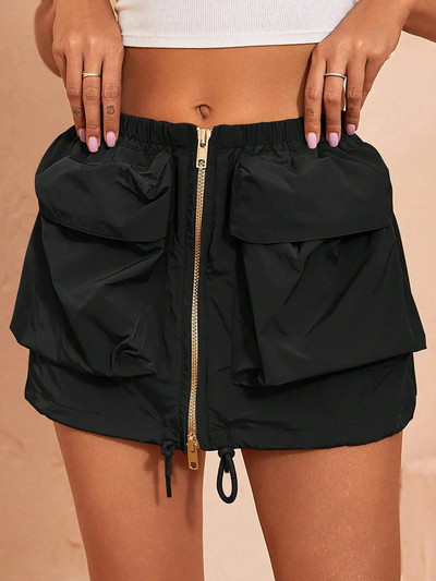 Y2K ženska modna kargo suknja Vintage preklopni džep i patentni zatvarač Prednji rub s uzicom za zatezanje, elastični struk Ženska ljetna ležerna suknja Ulična odjeća