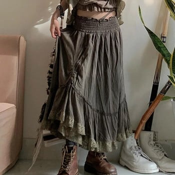 WOWOOTD Fairy Lace Splice Shirring Midi Skirts Ретро Y2k гръндж волани Асиметрични долнища Goblincore Streetwear Дълга пола