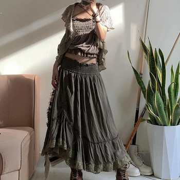 WOWOOTD Fairy Lace Splice Shirring Midi Skirts Ретро Y2k гръндж волани Асиметрични долнища Goblincore Streetwear Дълга пола