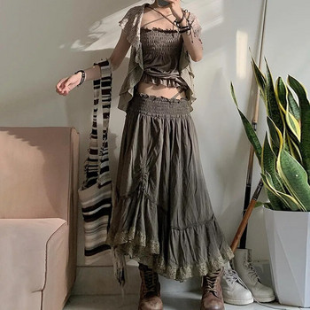 WOWOOTD Fairy Lace Splice Shirring Midi Skirts Ретро Y2k гръндж волани Асиметрични долнища Goblincore Streetwear Дълга пола