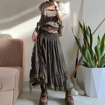 WOWOOTD Fairy Lace Splice Shirring Midi Skirts Ретро Y2k гръндж волани Асиметрични долнища Goblincore Streetwear Дълга пола