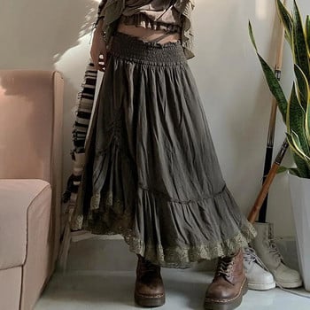 WOWOOTD Fairy Lace Splice Shirring Midi Skirts Ретро Y2k гръндж волани Асиметрични долнища Goblincore Streetwear Дълга пола