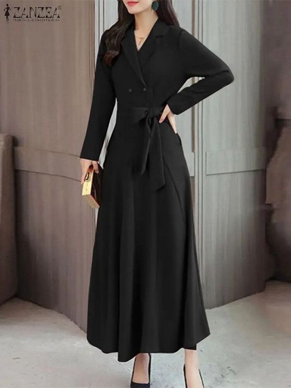 ZANZEA Párty A-Line oblek golier dlhé košeľové šaty dámske šaty s dlhým rukávom elegantné maxi šaty vesta 2023 jeseň obväz ležérny župan