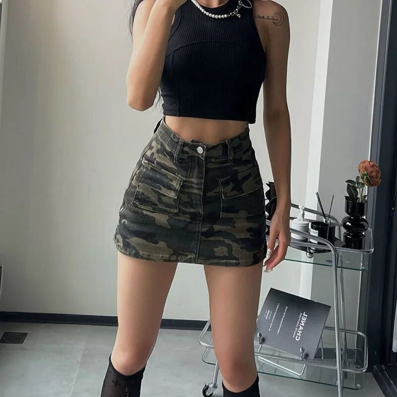 High Street hasított farmerszoknya, női, 2023 nyár zsebekkel terepszínű teherszoknya, női amerikai retro, magas derekú miniszoknya