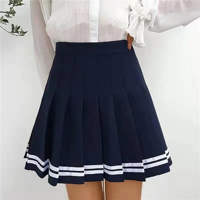 Fusta plisată Preppy Fusta scurtă pentru studentă Nouă, în dungi, în stil bleumarin, Culoare uni, Dulce, Fusta în formă de A, Jumătate cu talie înaltă