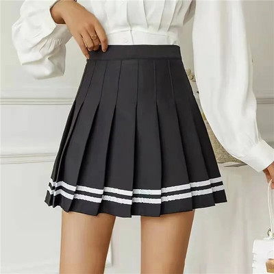 Fusta plisată Preppy Fusta scurtă pentru studentă Nouă, în dungi, în stil bleumarin, Culoare uni, Dulce, Fusta în formă de A, Jumătate cu talie înaltă