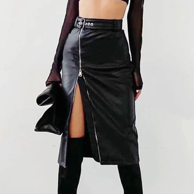 Juodi PU odiniai pieštukų sijonai su aukštu juosmeniu Vintage Grunge Moteriški gatvės drabužiai su užtrauktuku aukštai suskirstytas Bodycon midi sijonas su diržu