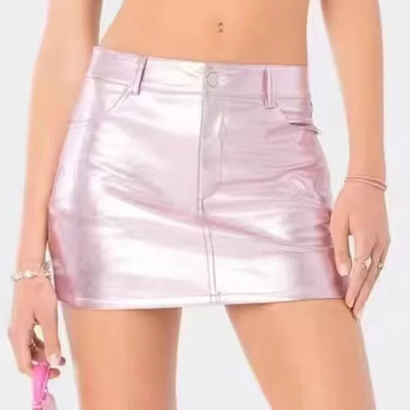 Καλοκαιρινή Γυναικεία Κορεάτικη Μίνι Κοντή Φούστα Γυναικεία Μασίφ Τσέπες Pu Δερμάτινη Φούστα σε Α γραμμή Casual Σέξι Πακέτο Γυναικεία φούστες