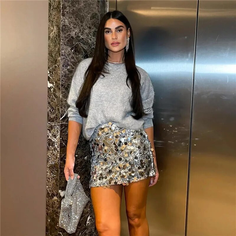 TRAF Srebrna suknja sa šljokicama Ženska svjetlucava mini suknja visokog struka Ženske modne kratke suknje za zabave Elegantne ženske suknje