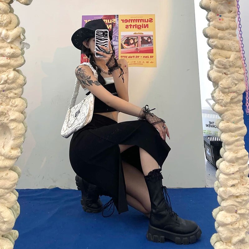 Szoknyák Női Alkalmi Szilárd oldalsó hasítékos divat Elegáns, édes, lábszárközépig érő nyári magas derekú koreai stílus Aszimmetrikus Egyszerű új