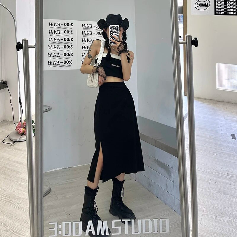 Szoknyák Női Alkalmi Szilárd oldalsó hasítékos divat Elegáns, édes, lábszárközépig érő nyári magas derekú koreai stílus Aszimmetrikus Egyszerű új