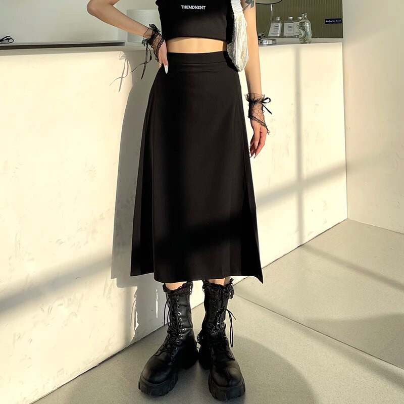 Szoknyák Női Alkalmi Szilárd oldalsó hasítékos divat Elegáns, édes, lábszárközépig érő nyári magas derekú koreai stílus Aszimmetrikus Egyszerű új