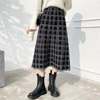 Vintage ruuduline elegantne šikk tutiga kootud midiseelikud naistele sügistalv korea mood naiste kõrge vöökohaga õhuke A-joonega seelik