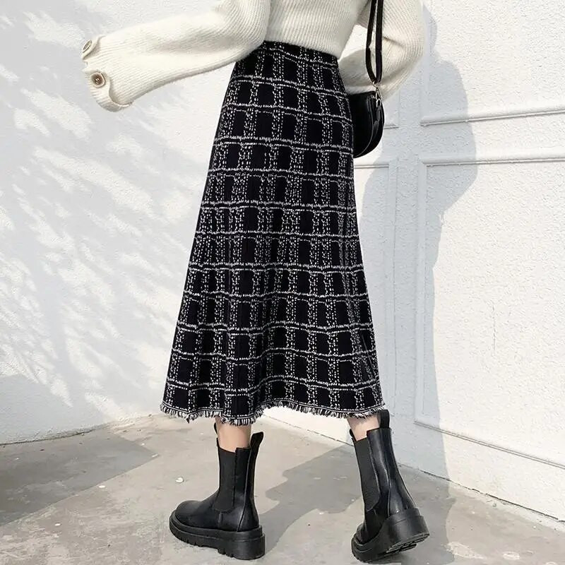 Vintage ruuduline elegantne šikk tutiga kootud midiseelikud naistele sügistalv korea mood naiste kõrge vöökohaga õhuke A-joonega seelik