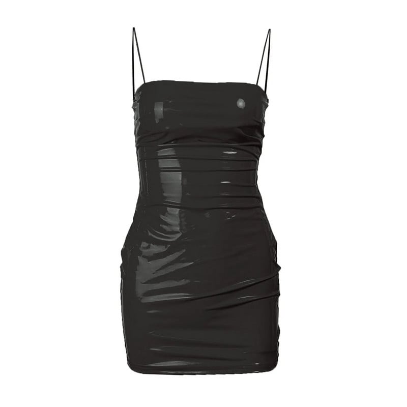 Rochie scurtă cu șold cu fântână, sexy, roz neon, rochii cu bretele spaghetti, pentru femei, din piele din latex