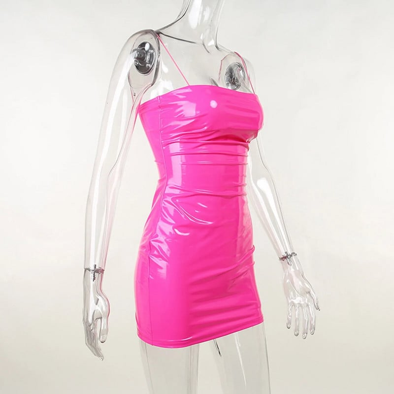 Rochie scurtă cu șold cu fântână, sexy, roz neon, rochii cu bretele spaghetti, pentru femei, din piele din latex