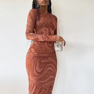 Suknelės ilgomis rankovėmis Bodycon Moteriški Vakariniai Drabužiai O-kaklo vidurio blauzdos Seksualūs Vestido De Mujer Vienetiniai drabužiai Gatvės apranga 759
