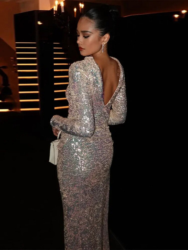 Chic Ženske haljine sa sjajnim šljokicama, elegantni O-izrez, dugi rukavi, vestido bez leđa, ženski midi ogrtač za noćne zabave