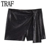 TRAF 2024 Ženska kratka crna suknja sa šljokicama Ženske svjetlucave mini suknje visokog struka Ženske modne sjajne, elegantne kratke suknje