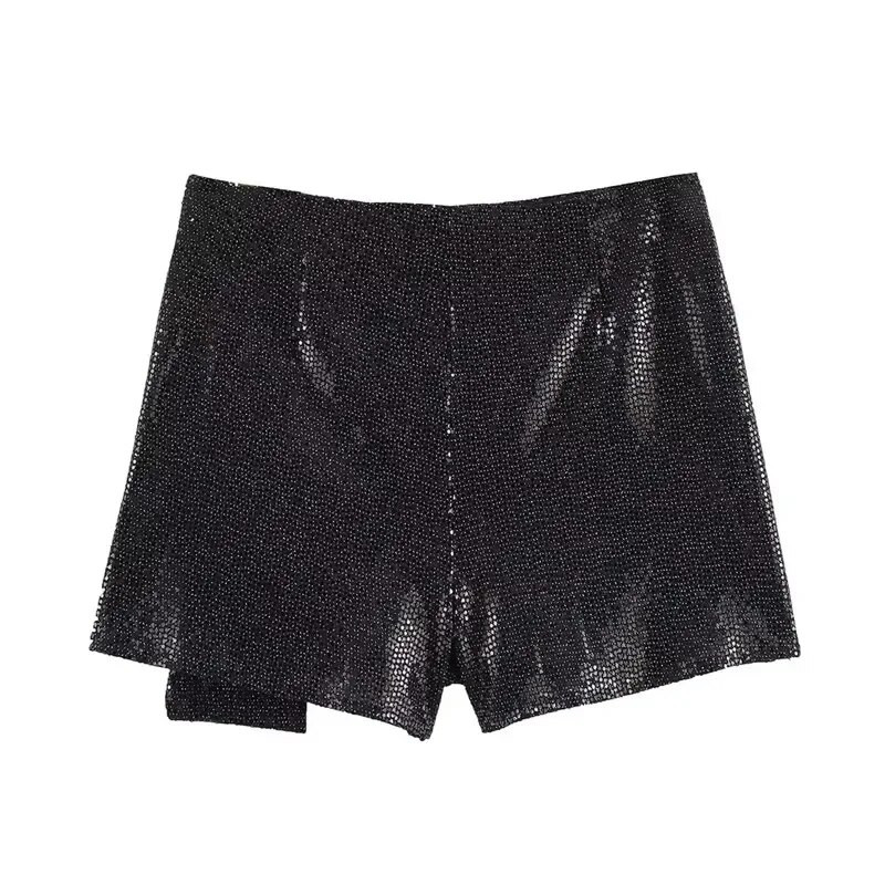 TRAF 2024 Ženska kratka crna suknja sa šljokicama Ženske svjetlucave mini suknje visokog struka Ženske modne sjajne, elegantne kratke suknje