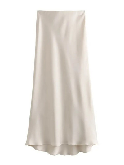 TRAF GAL Ležerna ženska maksi dugačka suknja Elastična ležerna ženska satenska suknja A kroja visokog struka Jupe Bež 2024. Proljeće Y2K