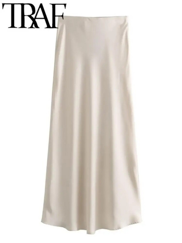 TRAF GAL Ležerna ženska maksi dugačka suknja Elastična ležerna ženska satenska suknja A kroja visokog struka Jupe Bež 2024. Proljeće Y2K