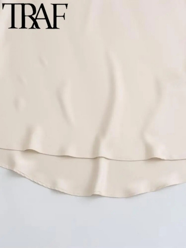 TRAF GAL Ležerna ženska maksi dugačka suknja Elastična ležerna ženska satenska suknja A kroja visokog struka Jupe Bež 2024. Proljeće Y2K