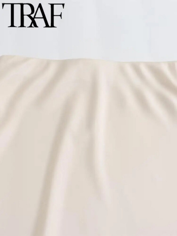 TRAF GAL Ležerna ženska maksi dugačka suknja Elastična ležerna ženska satenska suknja A kroja visokog struka Jupe Bež 2024. Proljeće Y2K
