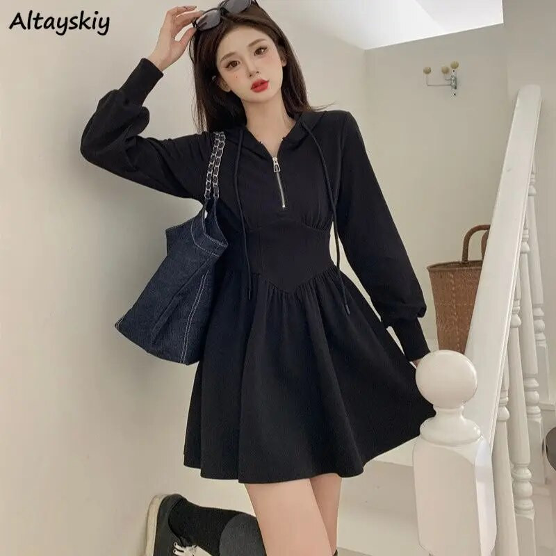 Ženske haljine s patentnim zatvaračima s kapuljačom Mini, jednobojne, dugih rukava u korejskom stilu, elegantne, mekane za slobodno vrijeme, modne, vintage, jednostavne, ulične, a-kroja