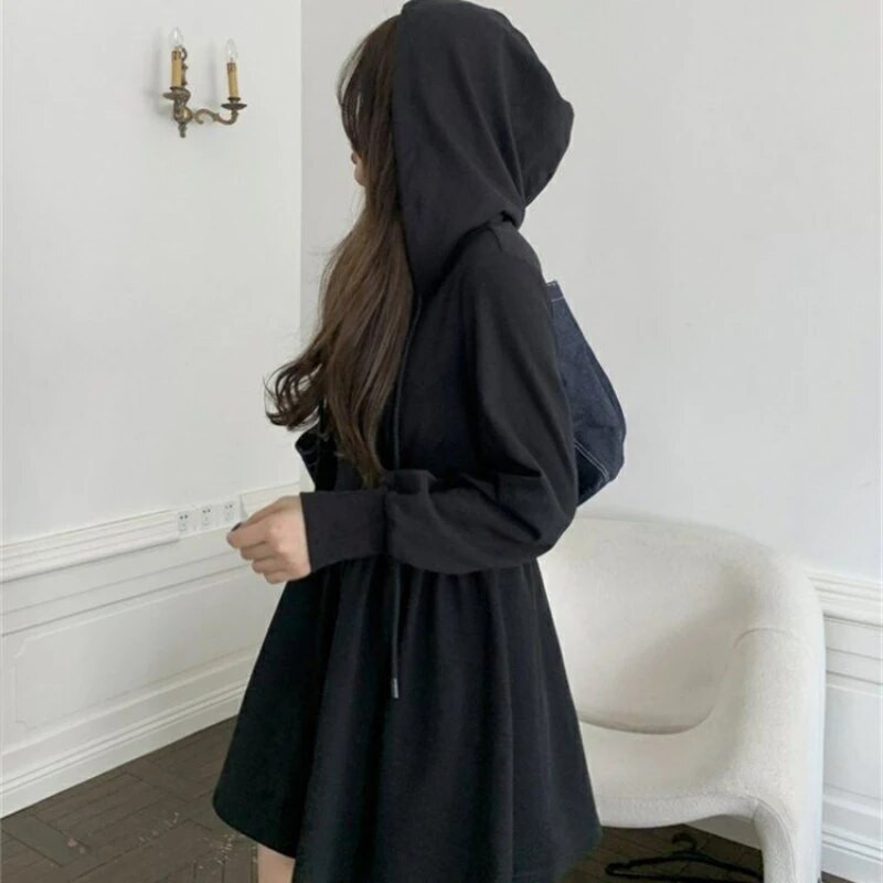 Ženske haljine s patentnim zatvaračima s kapuljačom Mini, jednobojne, dugih rukava u korejskom stilu, elegantne, mekane za slobodno vrijeme, modne, vintage, jednostavne, ulične, a-kroja