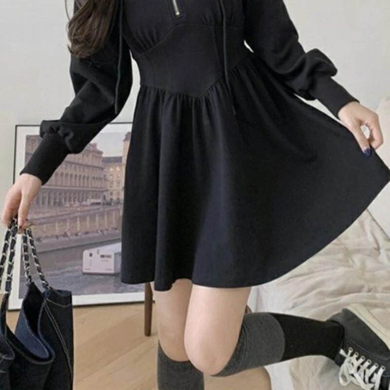 Ženske haljine s patentnim zatvaračima s kapuljačom Mini, jednobojne, dugih rukava u korejskom stilu, elegantne, mekane za slobodno vrijeme, modne, vintage, jednostavne, ulične, a-kroja