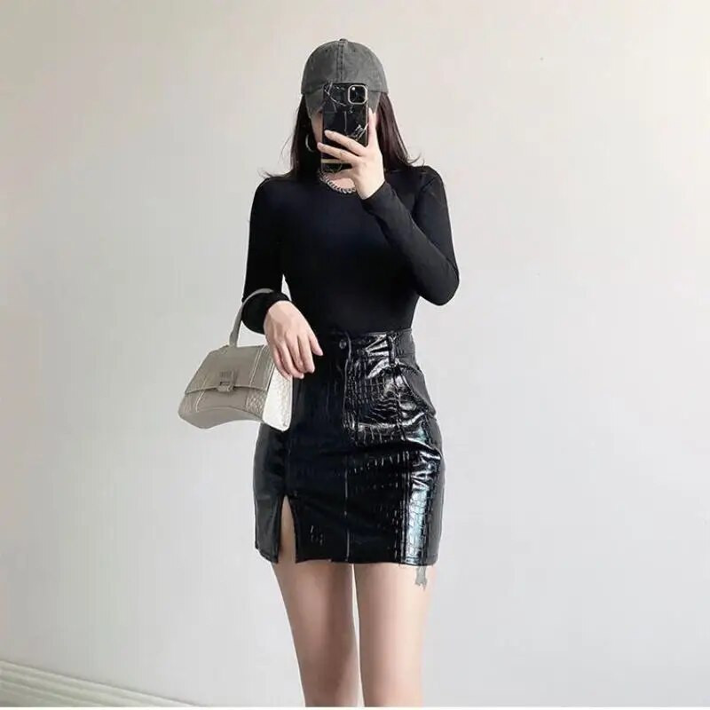 PU sexy rozparok tenké mini sukne pre ženy jeseň/zima krokodílí vzor vysoký pás bokov kožené sukne módne hotties spodná časť