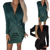 Κομψό γυναικείο φόρεμα με βαθύ V λαιμόκοψη Γυναικείο μακρυμάνικο μονόχρωμο μανι φορέματα σέξι υφή στενό πακέτο Hip party Dress Vestidos