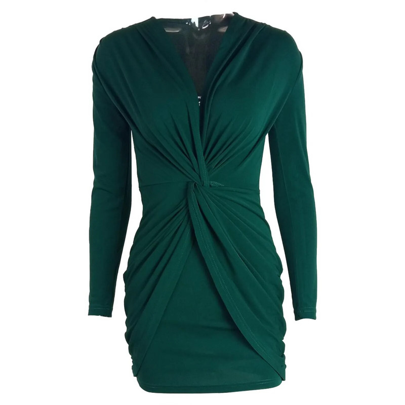 Κομψό γυναικείο φόρεμα με βαθύ V λαιμόκοψη Γυναικείο μακρυμάνικο μονόχρωμο μανι φορέματα σέξι υφή στενό πακέτο Hip party Dress Vestidos