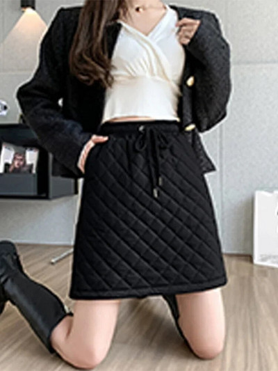 Eotvotee női szoknyák ősz tél 2023 új steppelt pamut párnázott, elasztikus, magas derékú szoknya elegáns vonalvezetésű, fűzős miniszoknya